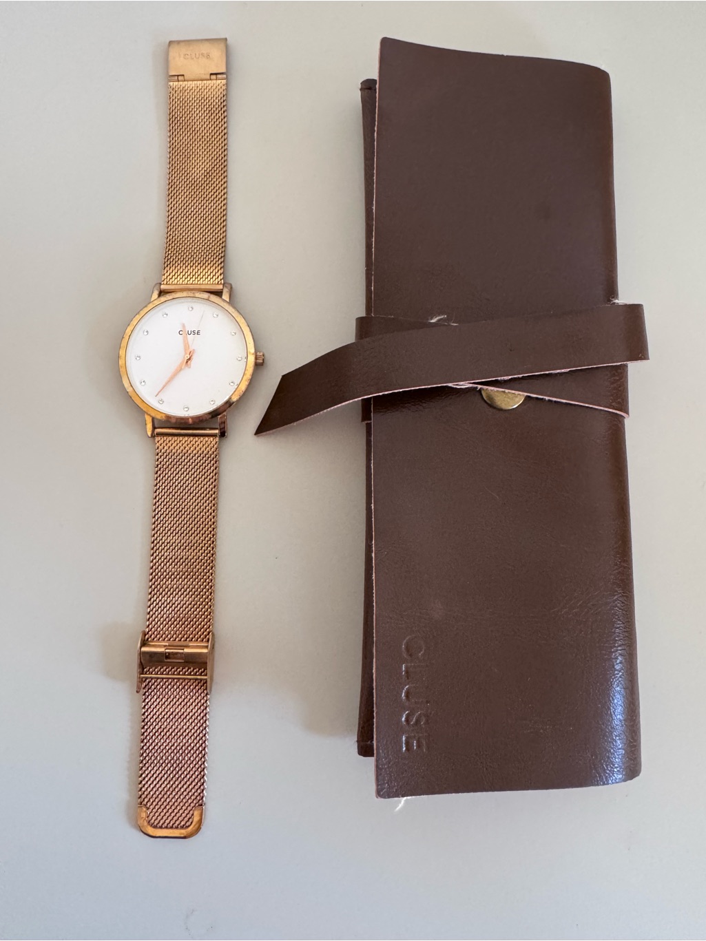 Rose Gold Watch With Brown Leather Travel Roll  Cluse